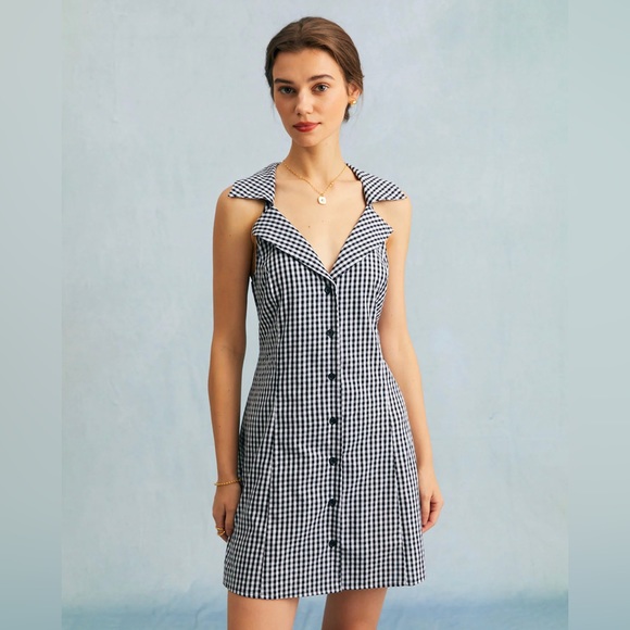 NWT Lapel Plaid Button Sleeveless Mini Dress - Picture 1 of 6